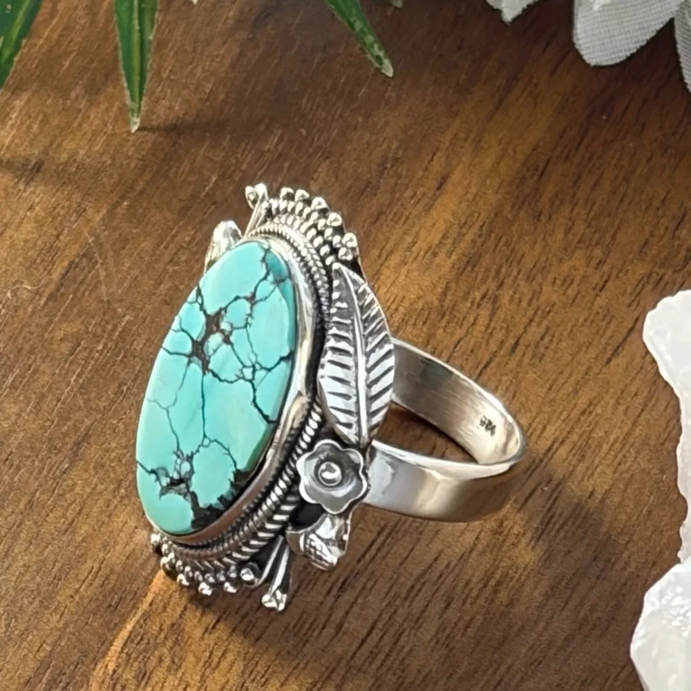 Southwest Spiderweb Turquoise Ring Size 9 Navajo Style Pure Sterling Silver 925